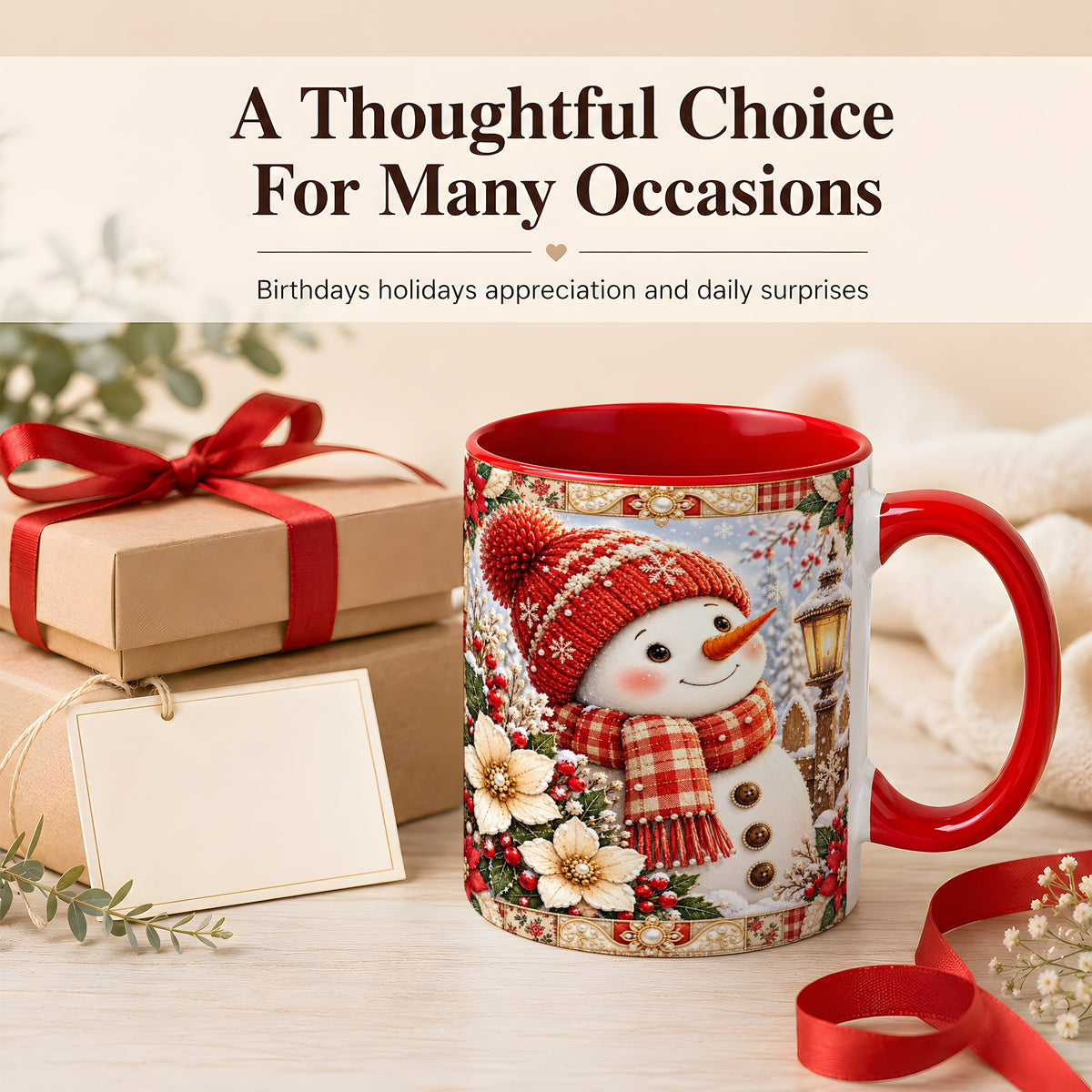 #pl[11oz|Red] Christmas Snowman Coffee Mug, Poinsettia Winter Mug, Ceramic Cup
