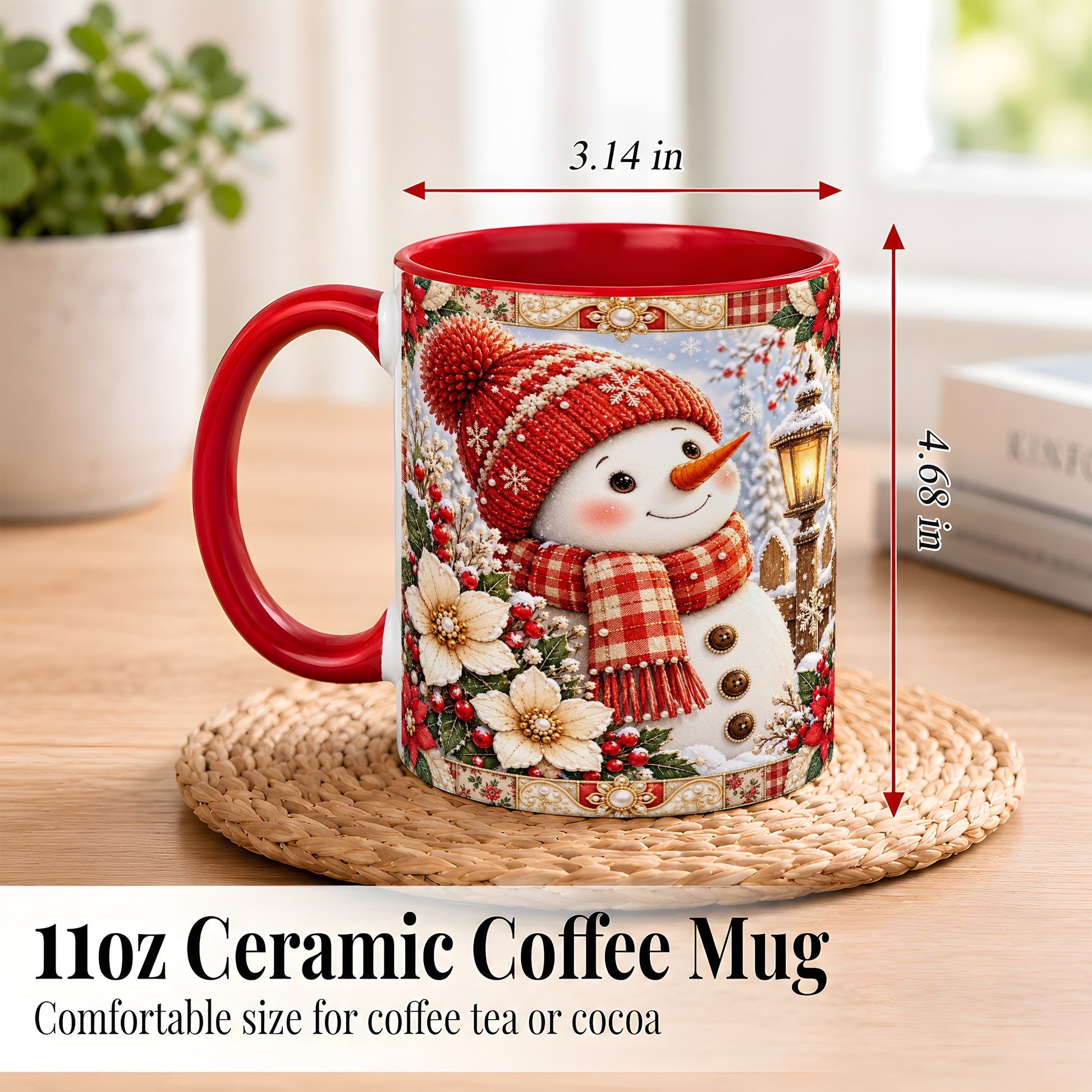 #pl[11oz|Red] Christmas Snowman Coffee Mug, Poinsettia Winter Mug, Ceramic Cup