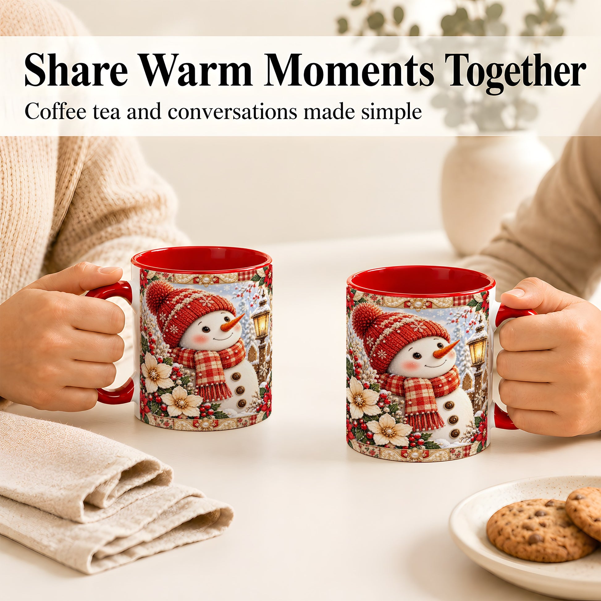 #pl[11oz|Red] Christmas Snowman Coffee Mug, Poinsettia Winter Mug, Ceramic Cup