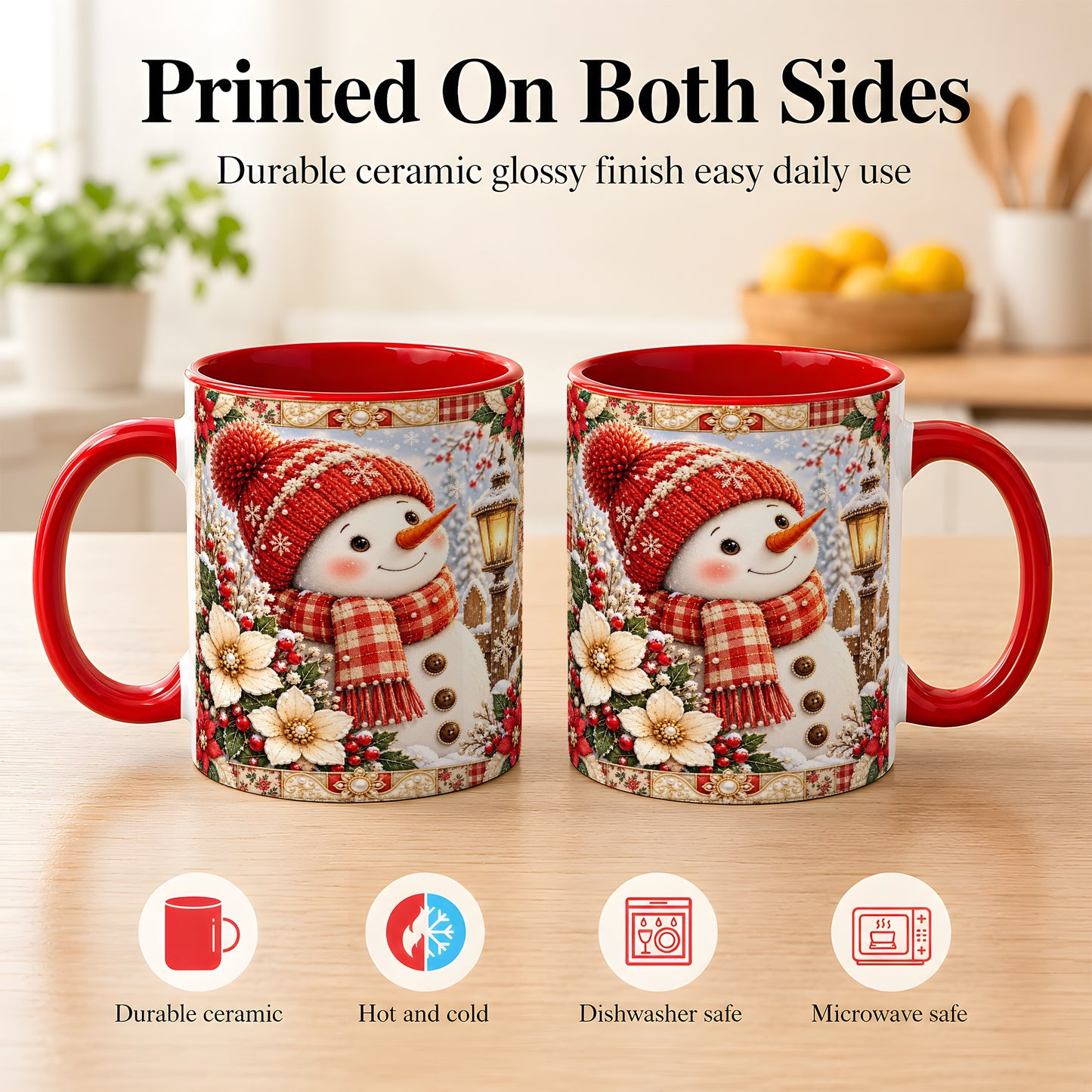 #pl[11oz|Red] Christmas Snowman Coffee Mug, Poinsettia Winter Mug, Ceramic Cup