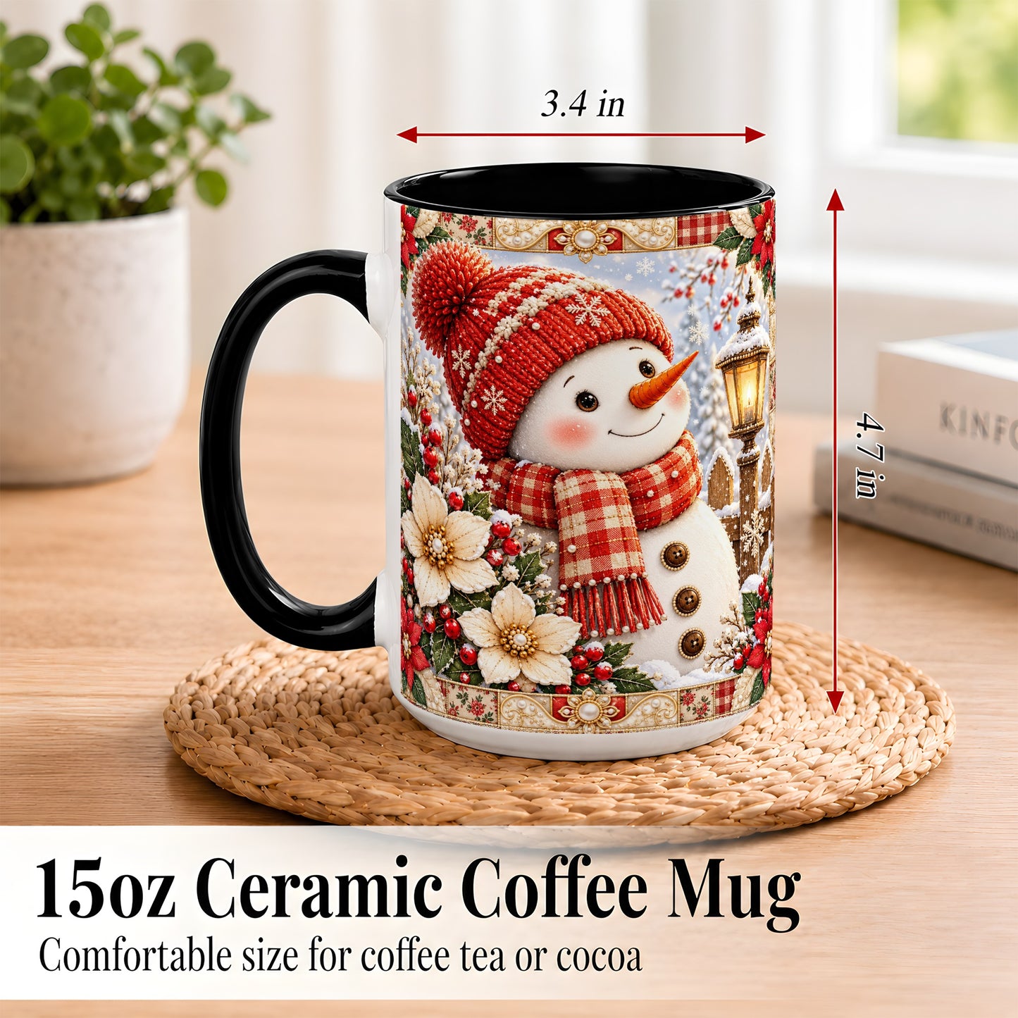 #pl[15oz|Black] Christmas Snowman Coffee Mug, Poinsettia Winter Mug, Ceramic Cup