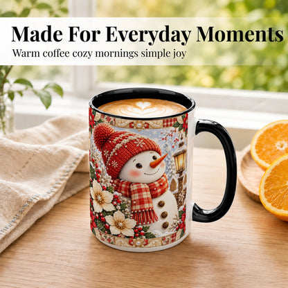 #pl[15oz|Black] Christmas Snowman Coffee Mug, Poinsettia Winter Mug, Ceramic Cup