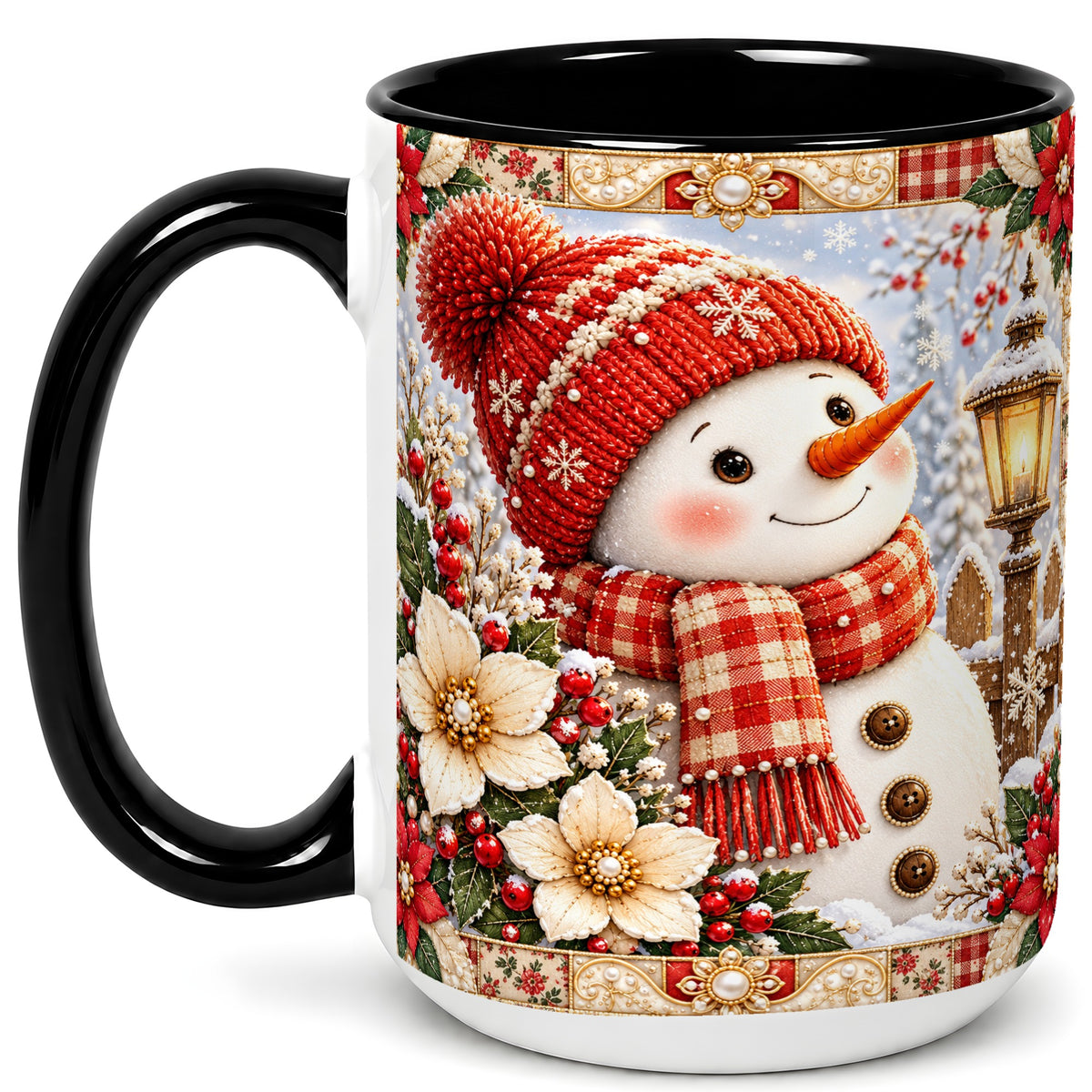 #pl[15oz|Black] Christmas Snowman Coffee Mug, Poinsettia Winter Mug, Ceramic Cup