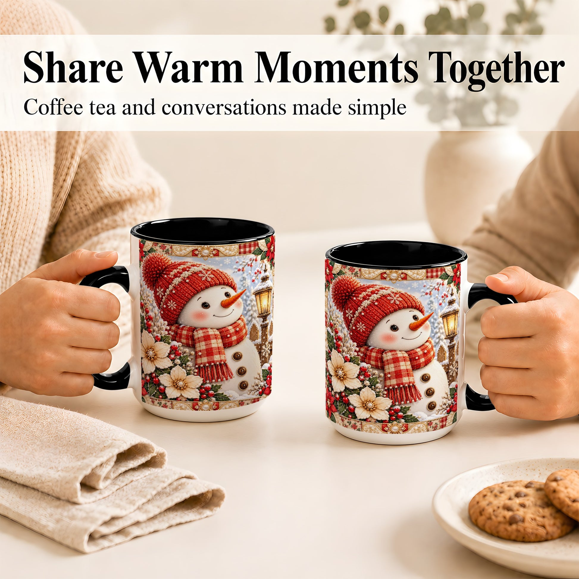 #pl[15oz|Black] Christmas Snowman Coffee Mug, Poinsettia Winter Mug, Ceramic Cup