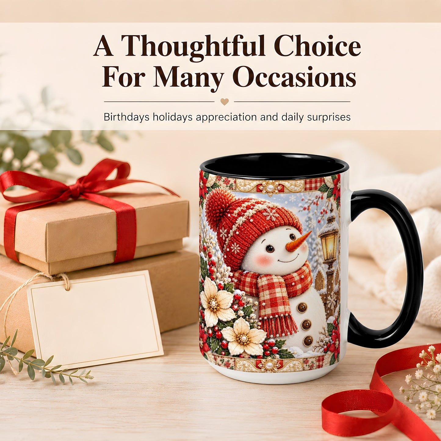 #pl[15oz|Black] Christmas Snowman Coffee Mug, Poinsettia Winter Mug, Ceramic Cup