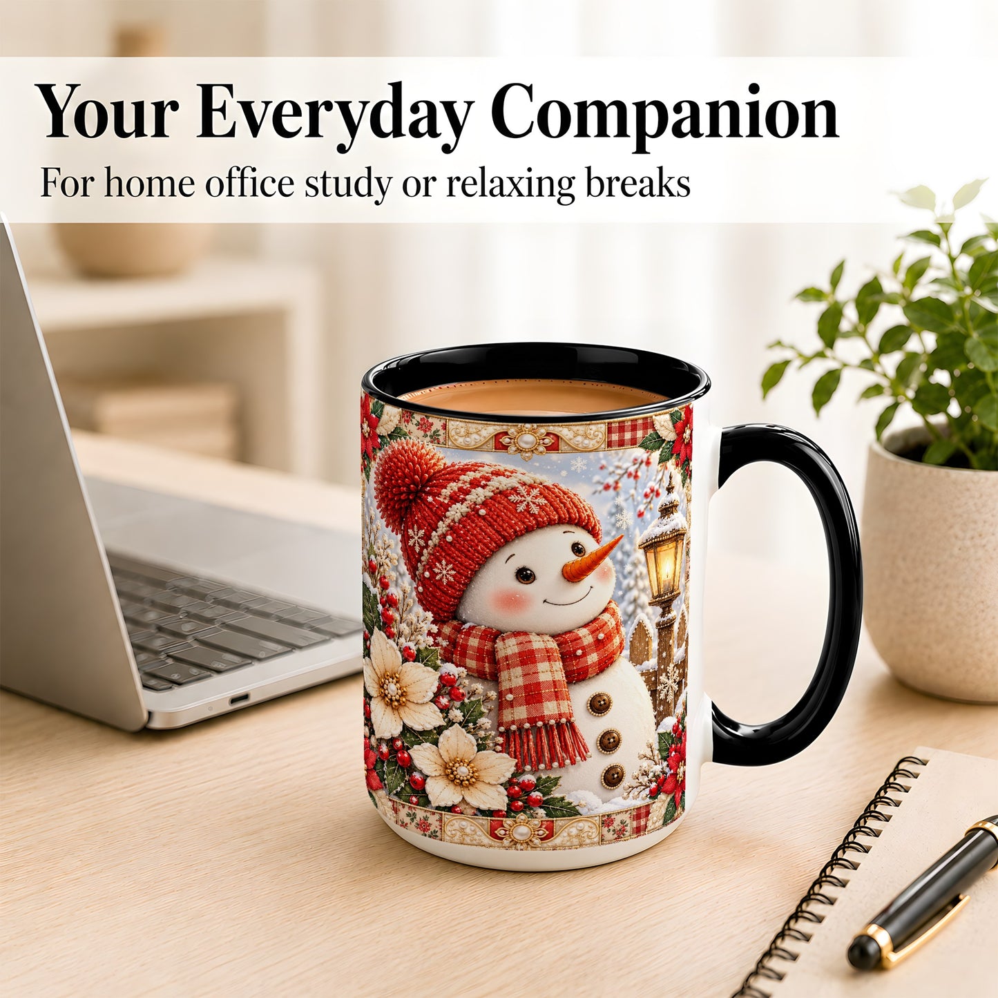 #pl[15oz|Black] Christmas Snowman Coffee Mug, Poinsettia Winter Mug, Ceramic Cup