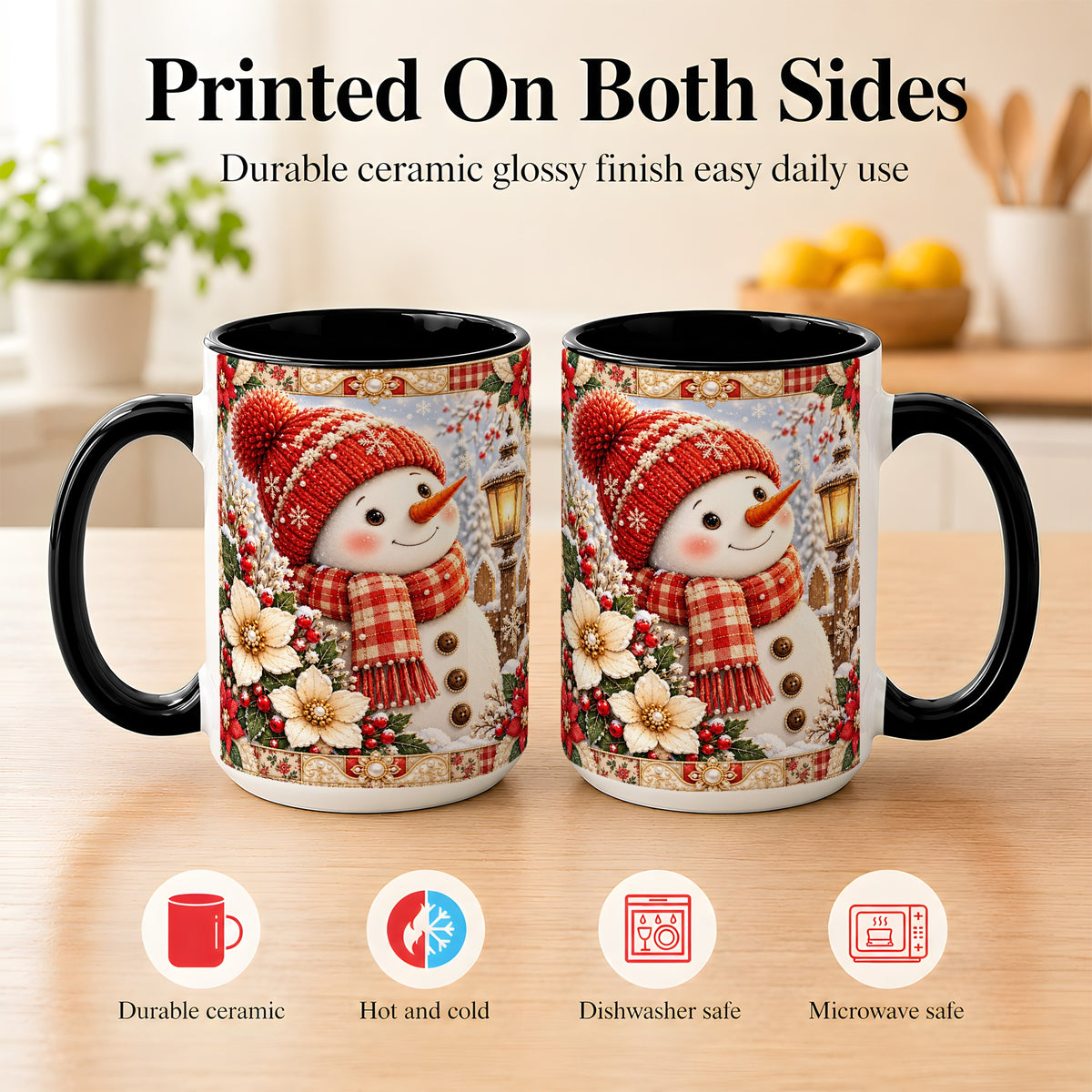 #pl[15oz|Black] Christmas Snowman Coffee Mug, Poinsettia Winter Mug, Ceramic Cup