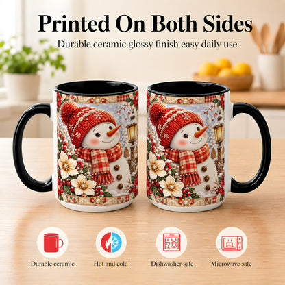 #pl[15oz|Black] Christmas Snowman Coffee Mug, Poinsettia Winter Mug, Ceramic Cup
