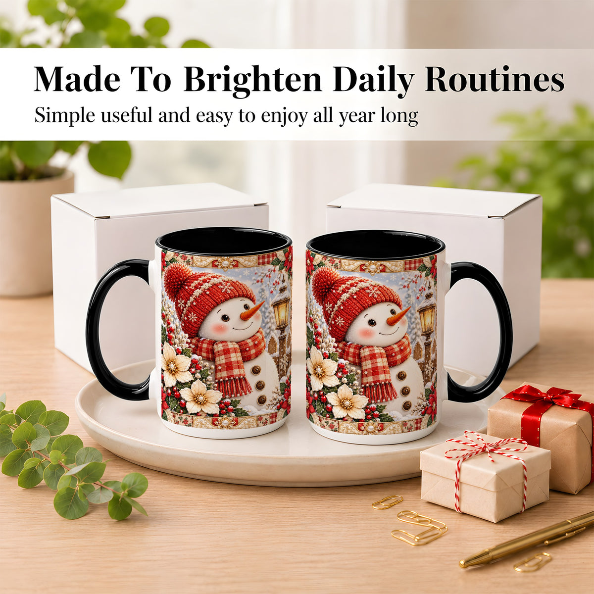 #pl[15oz|Black] Christmas Snowman Coffee Mug, Poinsettia Winter Mug, Ceramic Cup