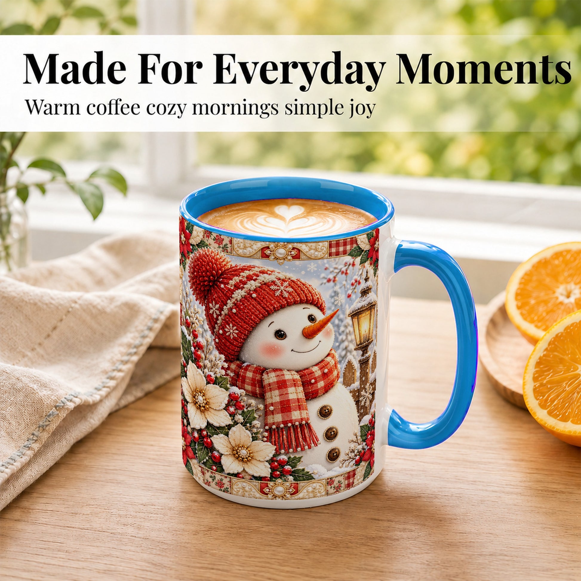 #pl[15oz|Blue] Christmas Snowman Coffee Mug, Poinsettia Winter Mug, Ceramic Cup