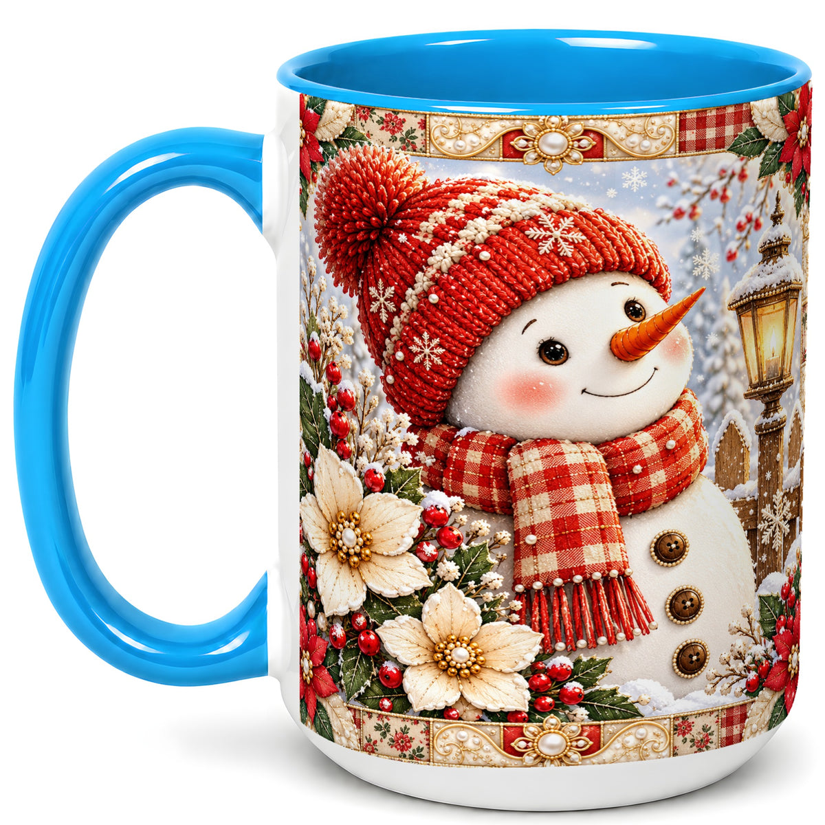 #pl[15oz|Blue] Christmas Snowman Coffee Mug, Poinsettia Winter Mug, Ceramic Cup