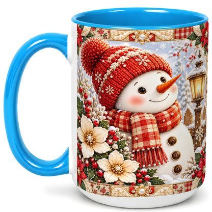 #pl[15oz|Blue] Christmas Snowman Coffee Mug, Poinsettia Winter Mug, Ceramic Cup