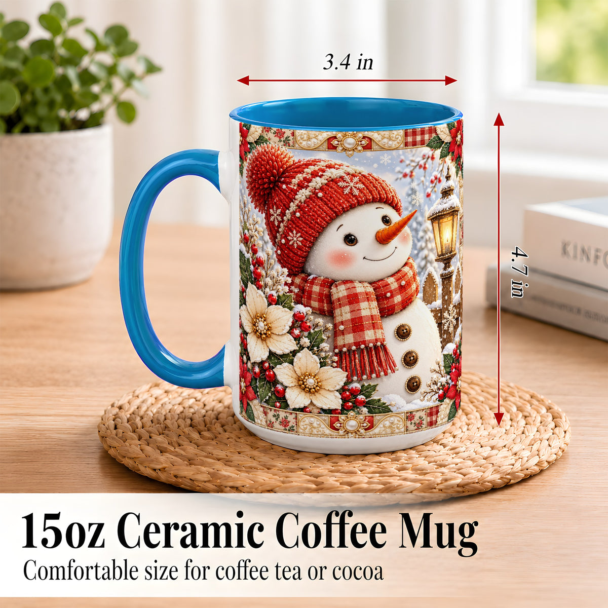 #pl[15oz|Blue] Christmas Snowman Coffee Mug, Poinsettia Winter Mug, Ceramic Cup
