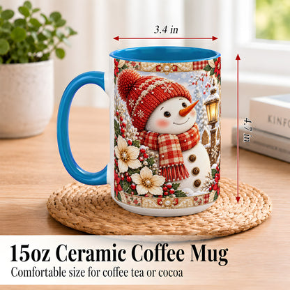 #pl[15oz|Blue] Christmas Snowman Coffee Mug, Poinsettia Winter Mug, Ceramic Cup