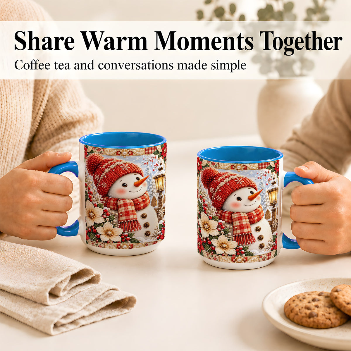 #pl[15oz|Blue] Christmas Snowman Coffee Mug, Poinsettia Winter Mug, Ceramic Cup