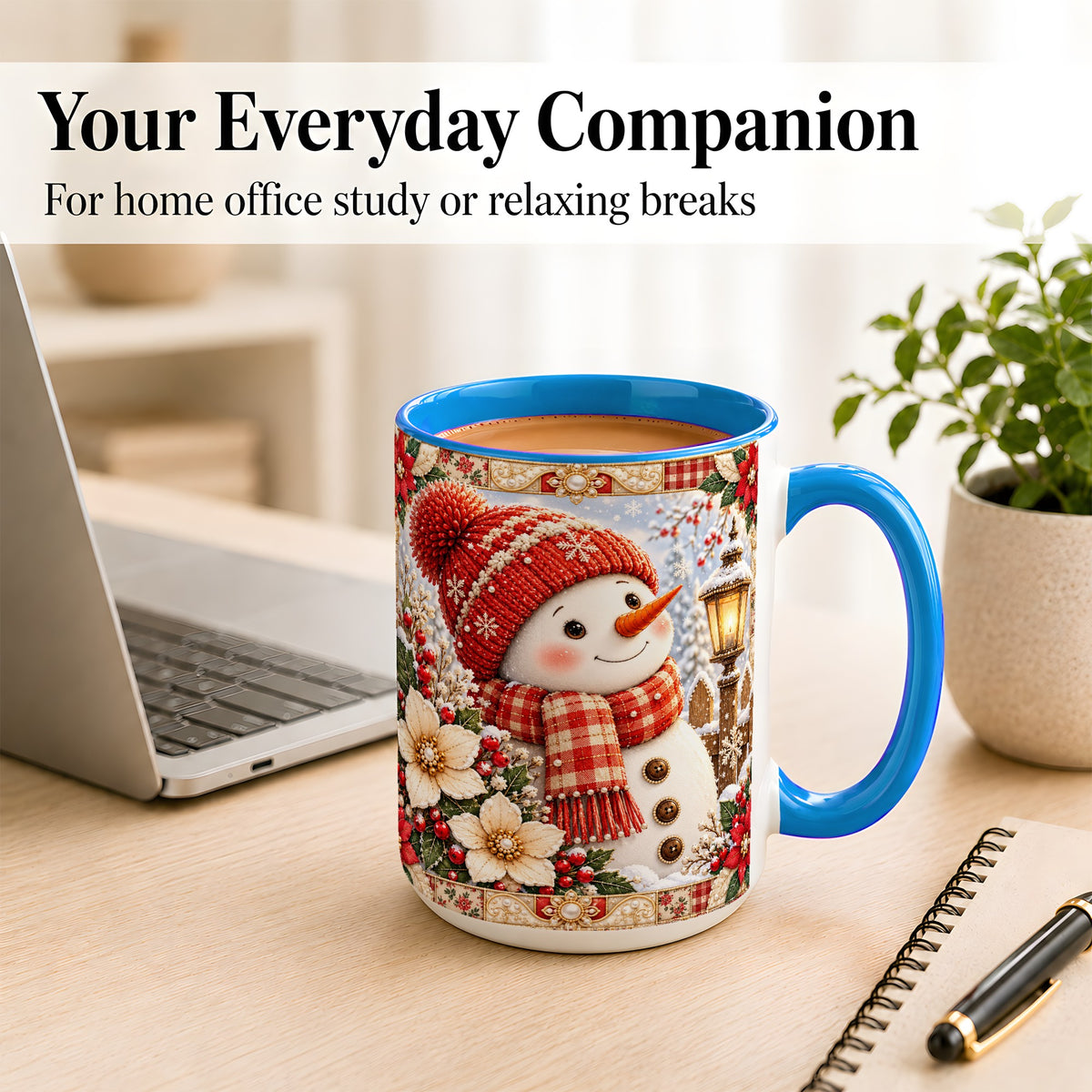 #pl[15oz|Blue] Christmas Snowman Coffee Mug, Poinsettia Winter Mug, Ceramic Cup