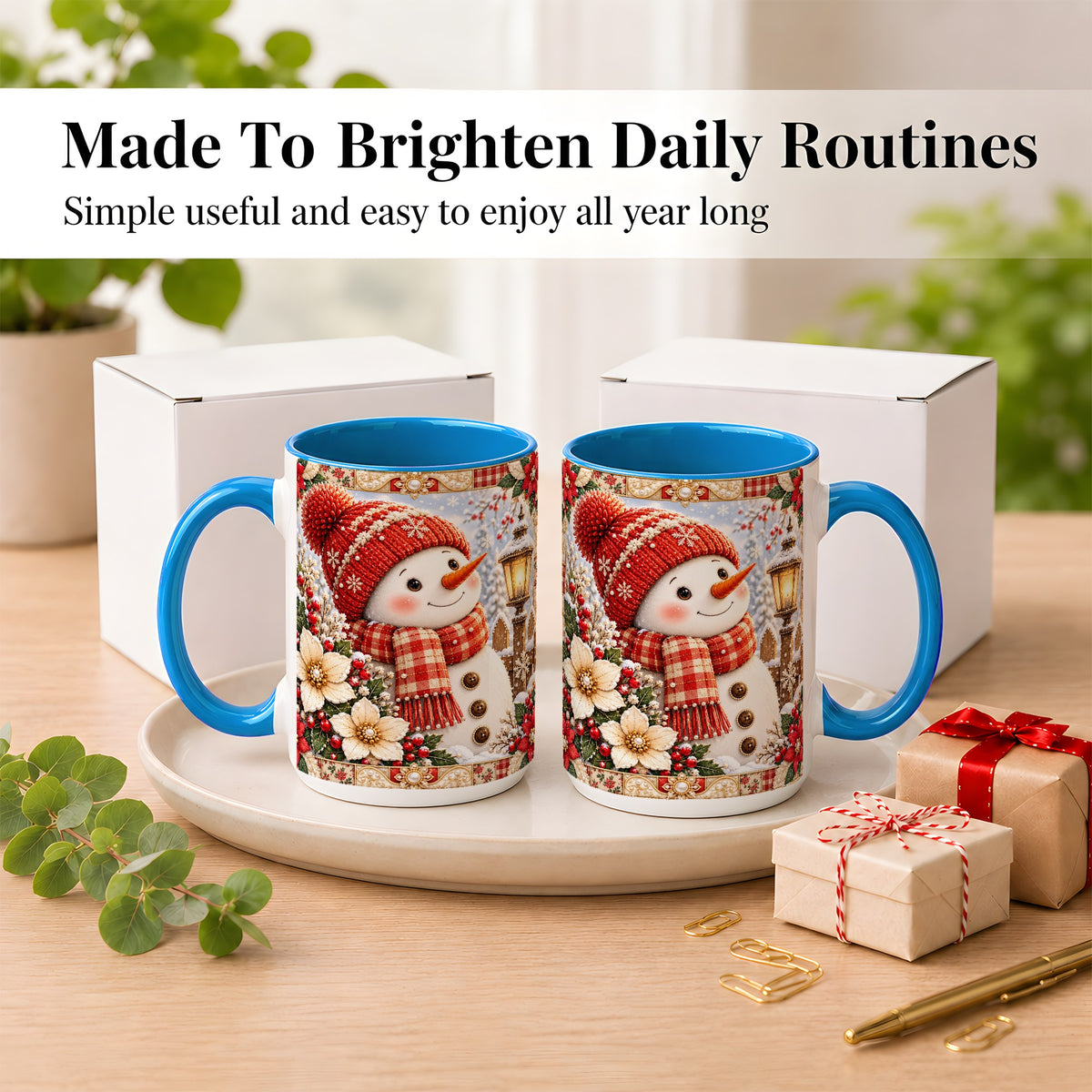 #pl[15oz|Blue] Christmas Snowman Coffee Mug, Poinsettia Winter Mug, Ceramic Cup