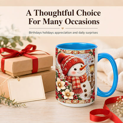 #pl[15oz|Blue] Christmas Snowman Coffee Mug, Poinsettia Winter Mug, Ceramic Cup