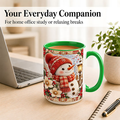 #pl[15oz|Green] Christmas Snowman Coffee Mug, Poinsettia Winter Mug, Ceramic Cup