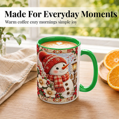 #pl[15oz|Green] Christmas Snowman Coffee Mug, Poinsettia Winter Mug, Ceramic Cup