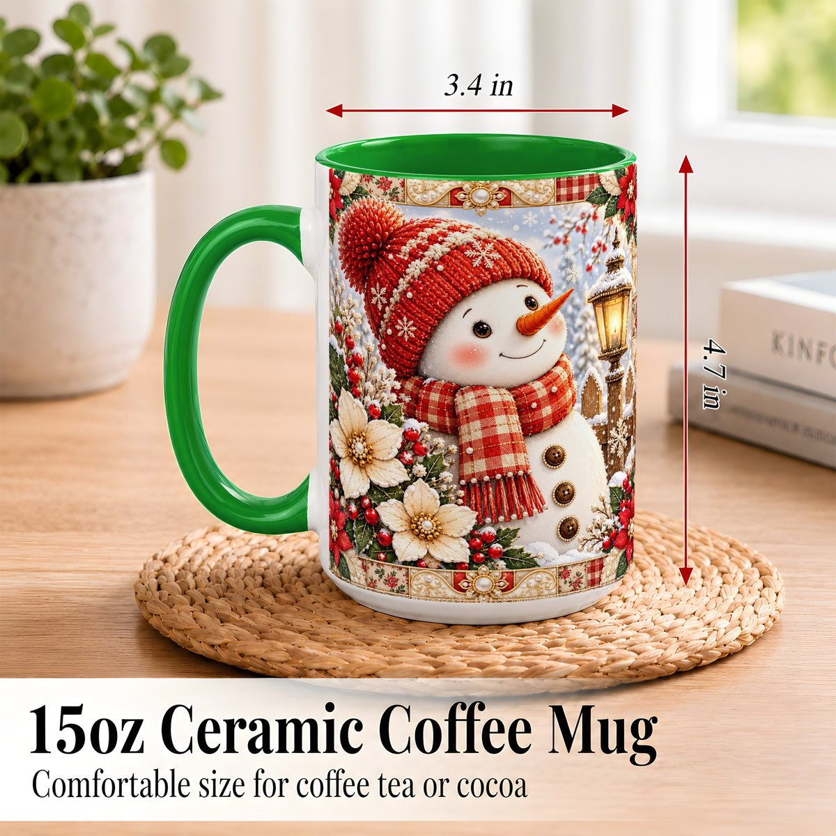 #pl[15oz|Green] Christmas Snowman Coffee Mug, Poinsettia Winter Mug, Ceramic Cup