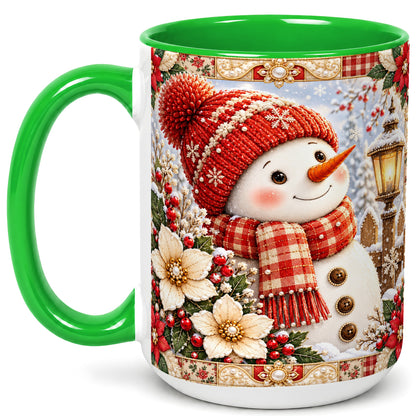 #pl[15oz|Green] Christmas Snowman Coffee Mug, Poinsettia Winter Mug, Ceramic Cup