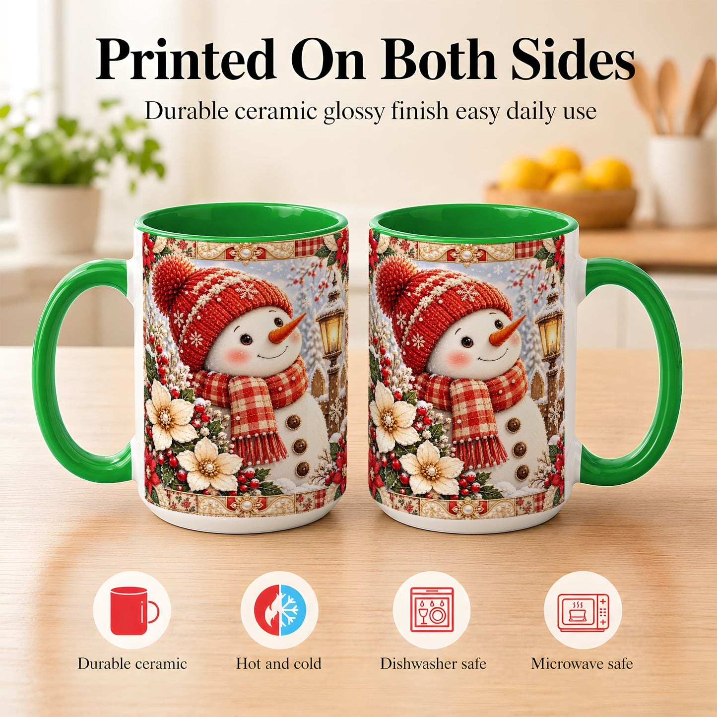 #pl[15oz|Green] Christmas Snowman Coffee Mug, Poinsettia Winter Mug, Ceramic Cup