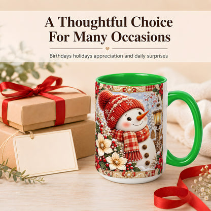 #pl[15oz|Green] Christmas Snowman Coffee Mug, Poinsettia Winter Mug, Ceramic Cup