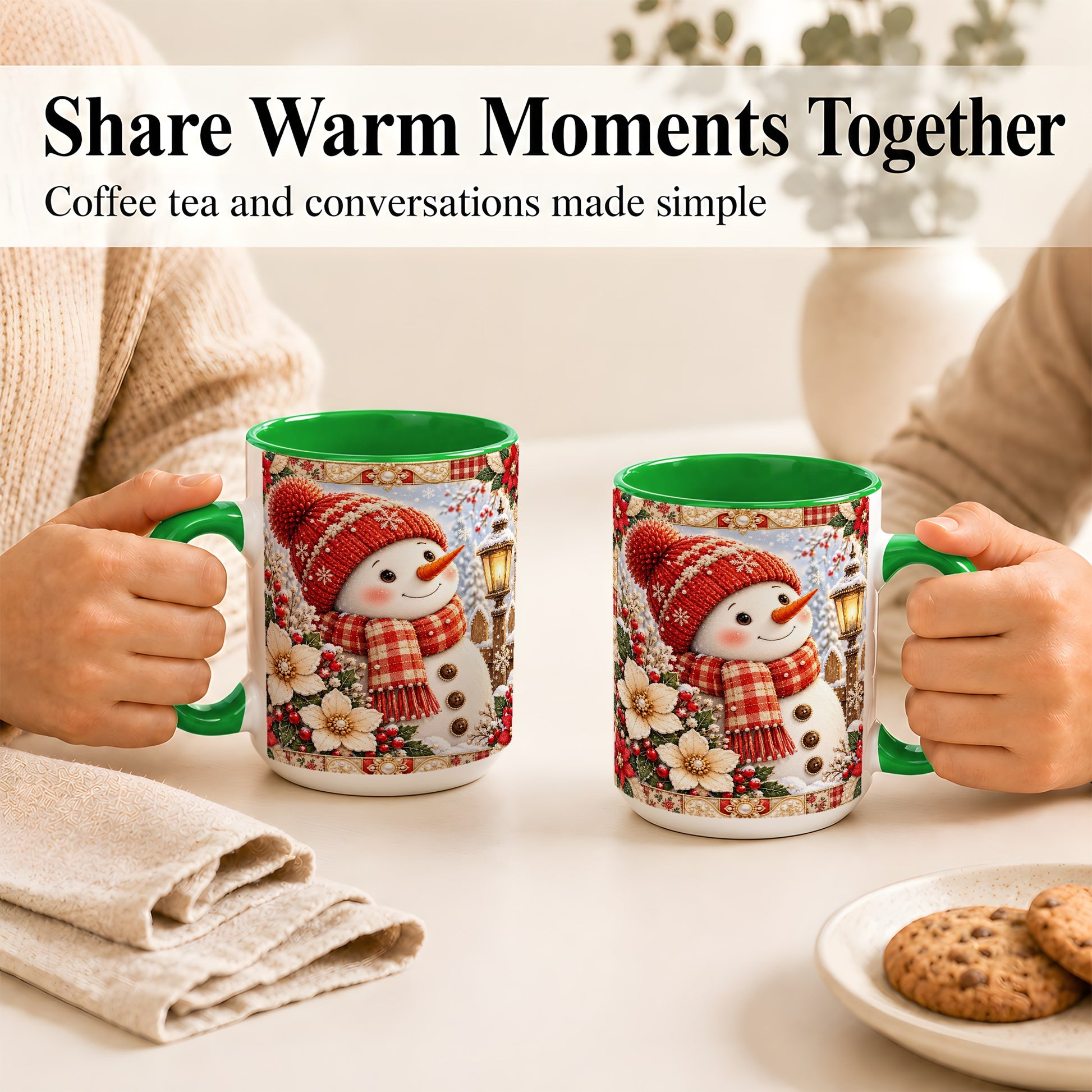 #pl[15oz|Green] Christmas Snowman Coffee Mug, Poinsettia Winter Mug, Ceramic Cup
