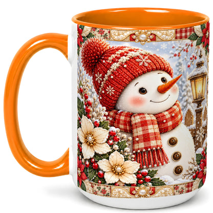 #pl[15oz|Orange] Christmas Snowman Coffee Mug, Poinsettia Winter Mug, Ceramic Cup