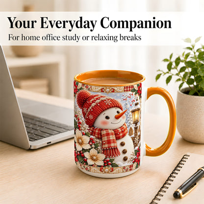 #pl[15oz|Orange] Christmas Snowman Coffee Mug, Poinsettia Winter Mug, Ceramic Cup