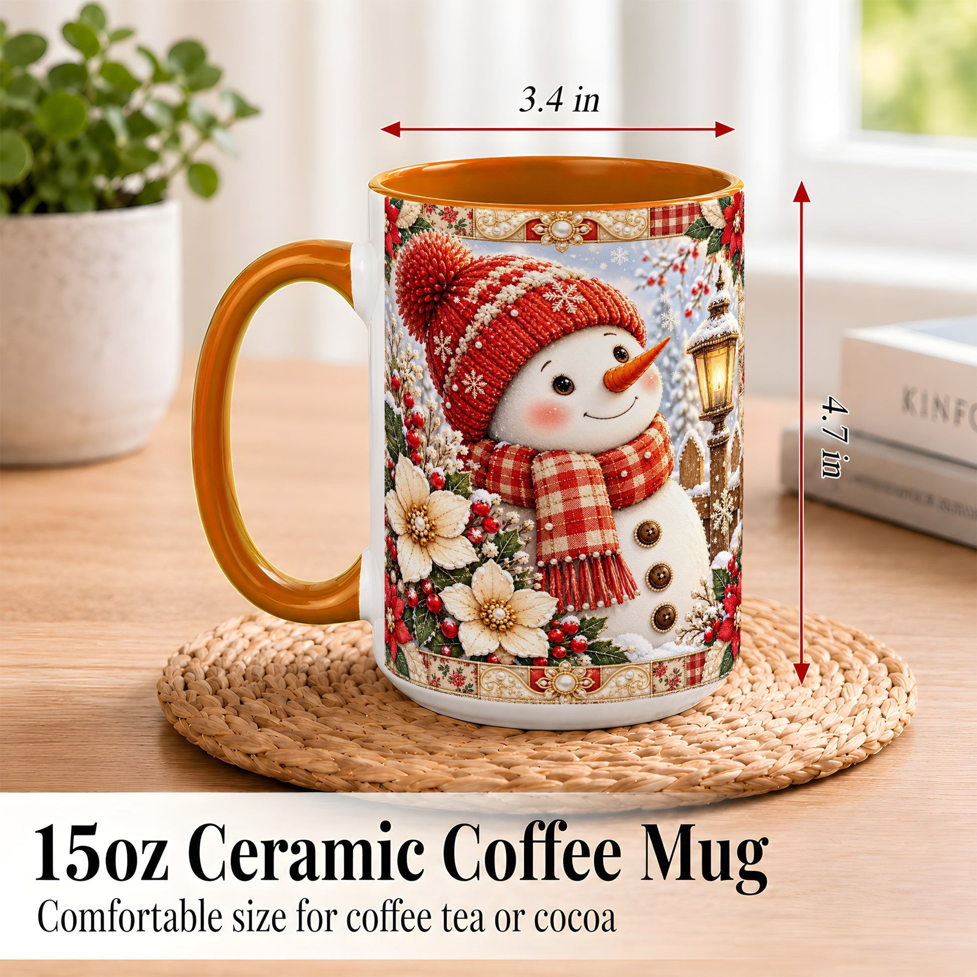 #pl[15oz|Orange] Christmas Snowman Coffee Mug, Poinsettia Winter Mug, Ceramic Cup