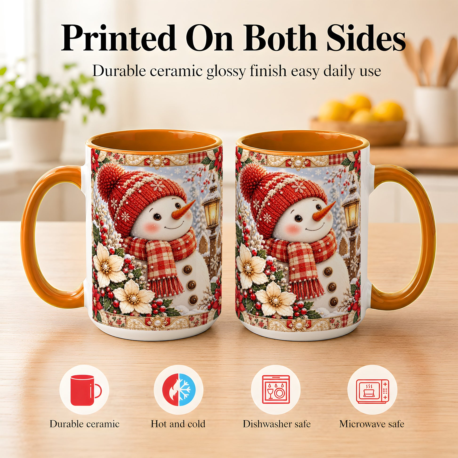 #pl[15oz|Orange] Christmas Snowman Coffee Mug, Poinsettia Winter Mug, Ceramic Cup