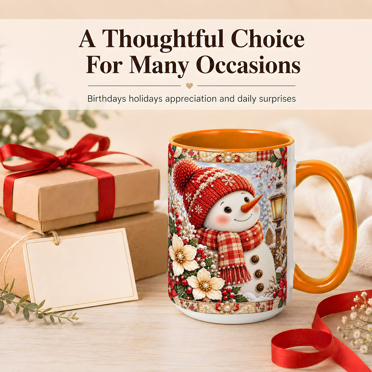 #pl[15oz|Orange] Christmas Snowman Coffee Mug, Poinsettia Winter Mug, Ceramic Cup