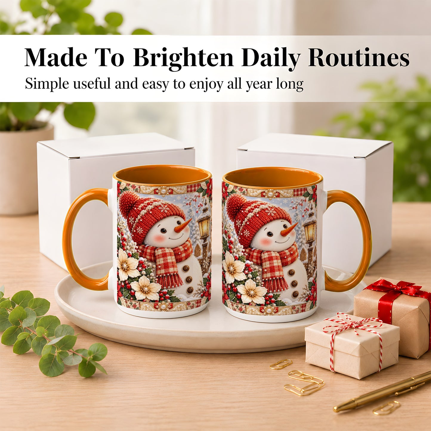 #pl[15oz|Orange] Christmas Snowman Coffee Mug, Poinsettia Winter Mug, Ceramic Cup