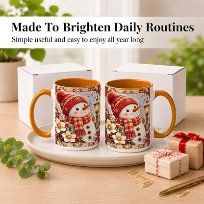 #pl[15oz|Orange] Christmas Snowman Coffee Mug, Poinsettia Winter Mug, Ceramic Cup