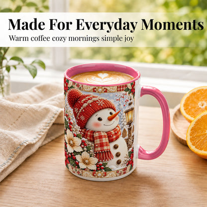 #pl[15oz|Pink] Christmas Snowman Coffee Mug, Poinsettia Winter Mug, Ceramic Cup