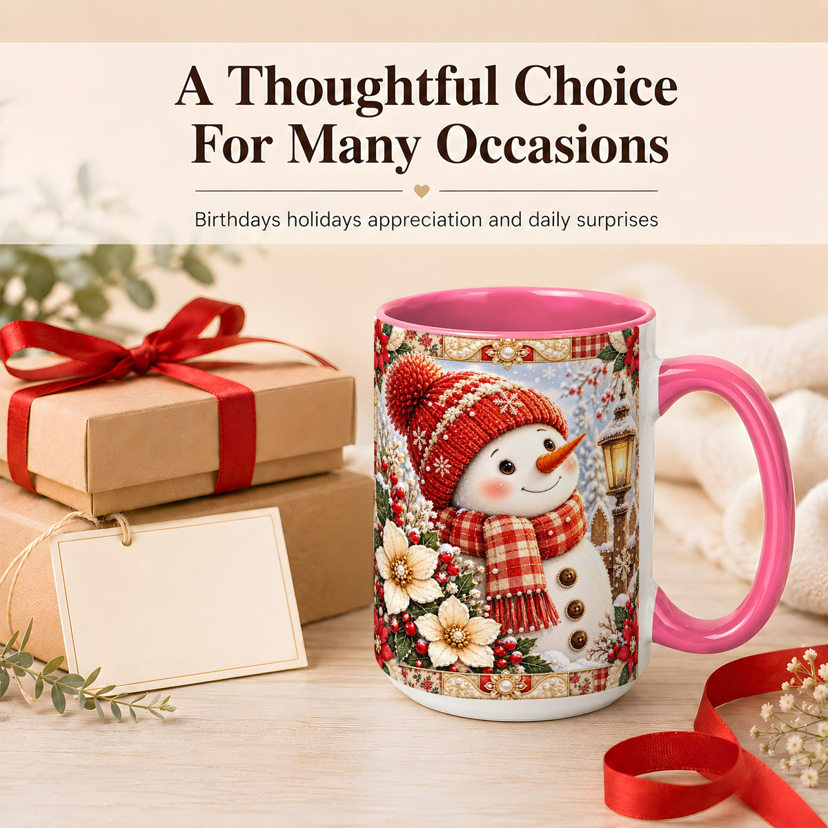 #pl[15oz|Pink] Christmas Snowman Coffee Mug, Poinsettia Winter Mug, Ceramic Cup