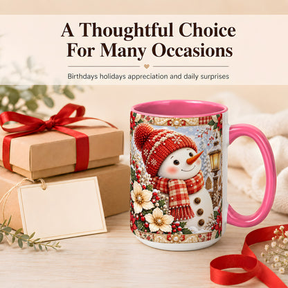 #pl[15oz|Pink] Christmas Snowman Coffee Mug, Poinsettia Winter Mug, Ceramic Cup