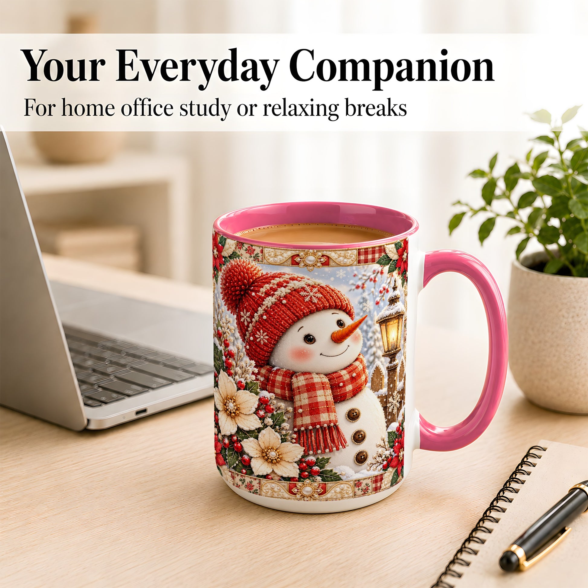 #pl[15oz|Pink] Christmas Snowman Coffee Mug, Poinsettia Winter Mug, Ceramic Cup