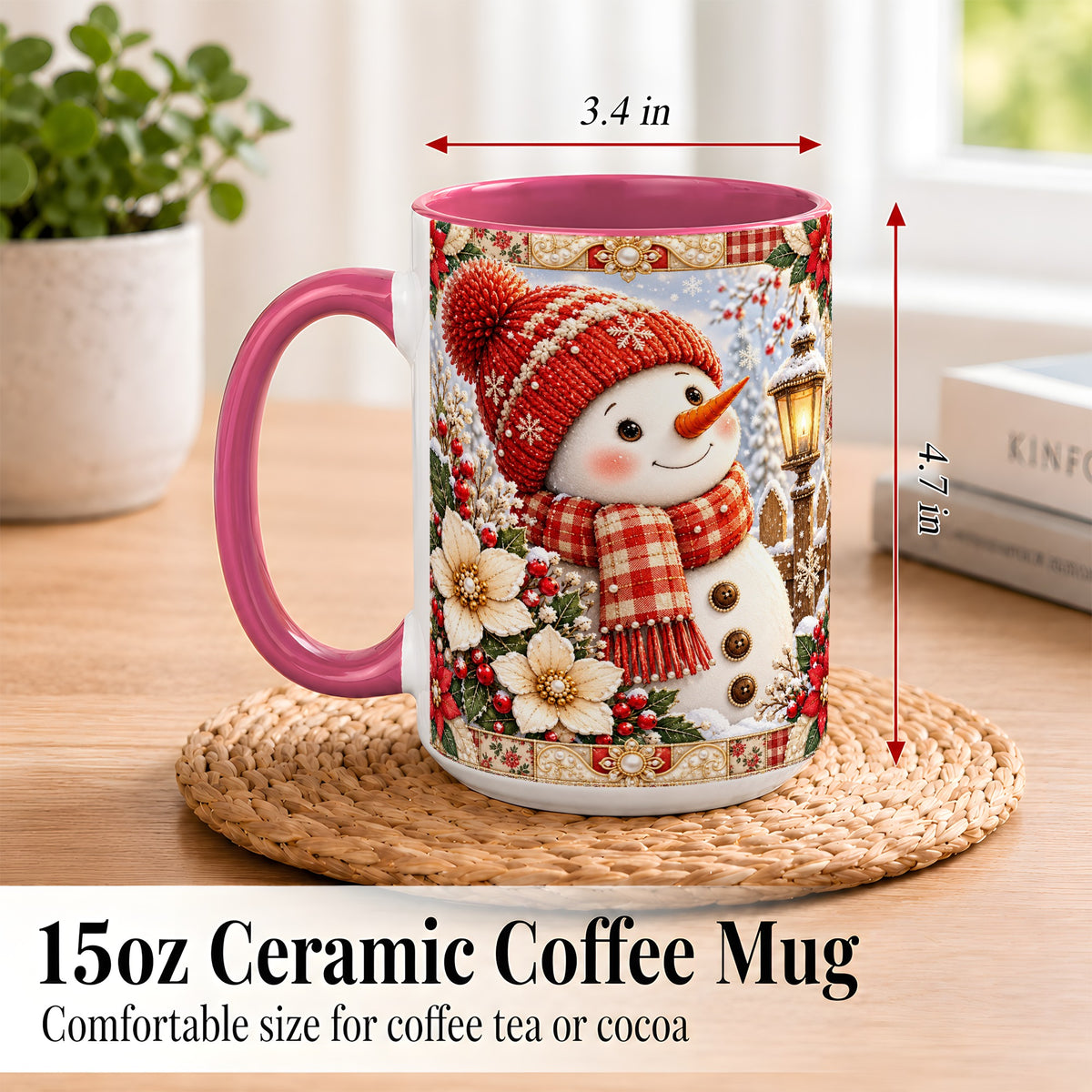 #pl[15oz|Pink] Christmas Snowman Coffee Mug, Poinsettia Winter Mug, Ceramic Cup