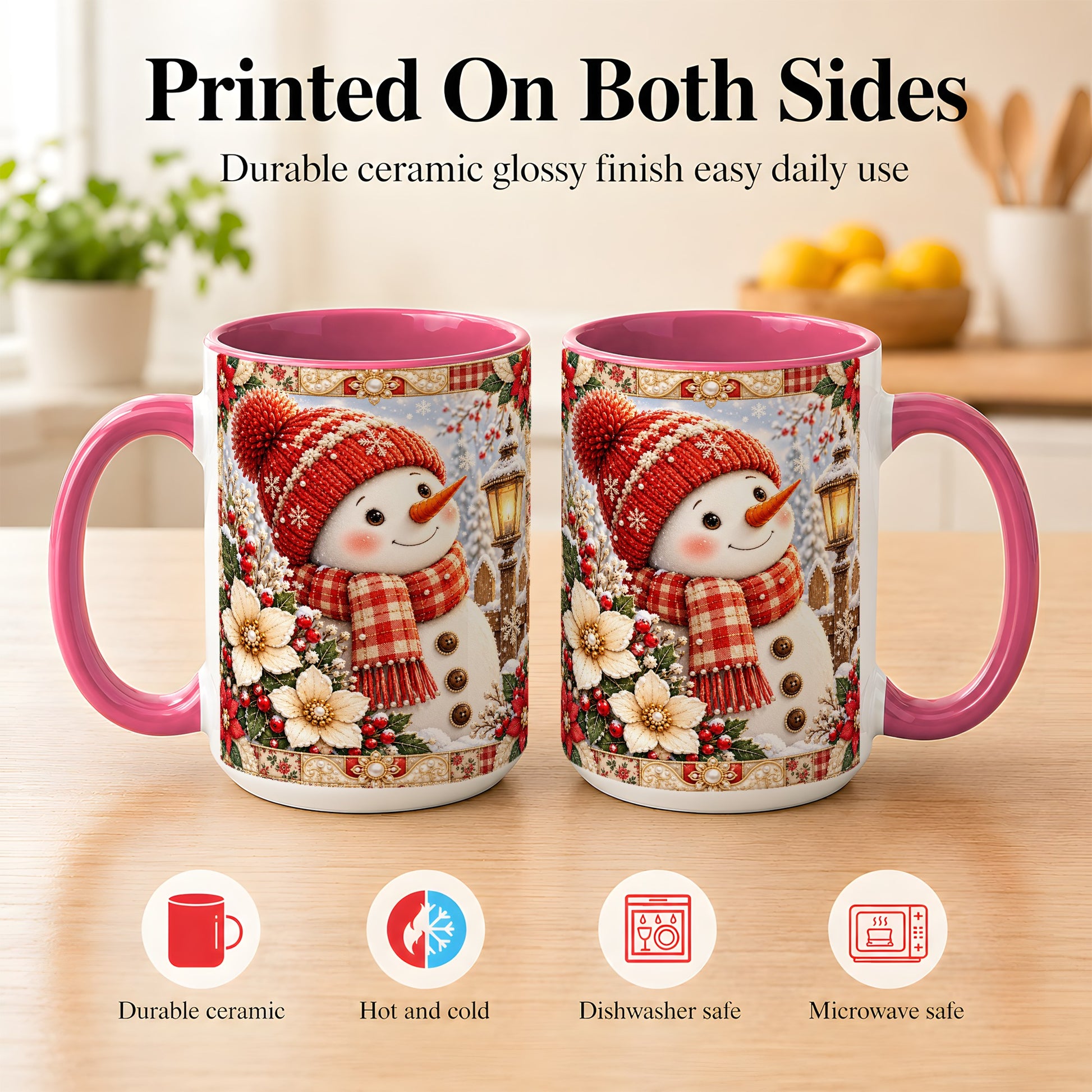 #pl[15oz|Pink] Christmas Snowman Coffee Mug, Poinsettia Winter Mug, Ceramic Cup