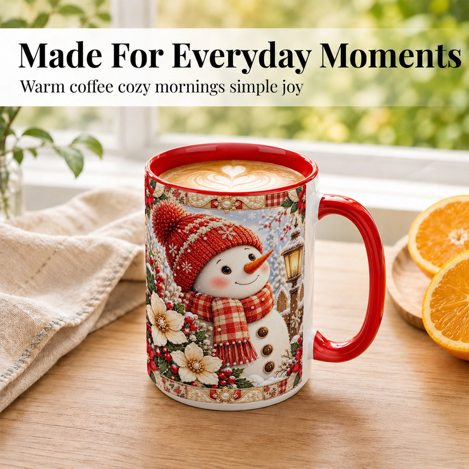 #pl[15oz|Red] Christmas Snowman Coffee Mug, Poinsettia Winter Mug, Ceramic Cup
