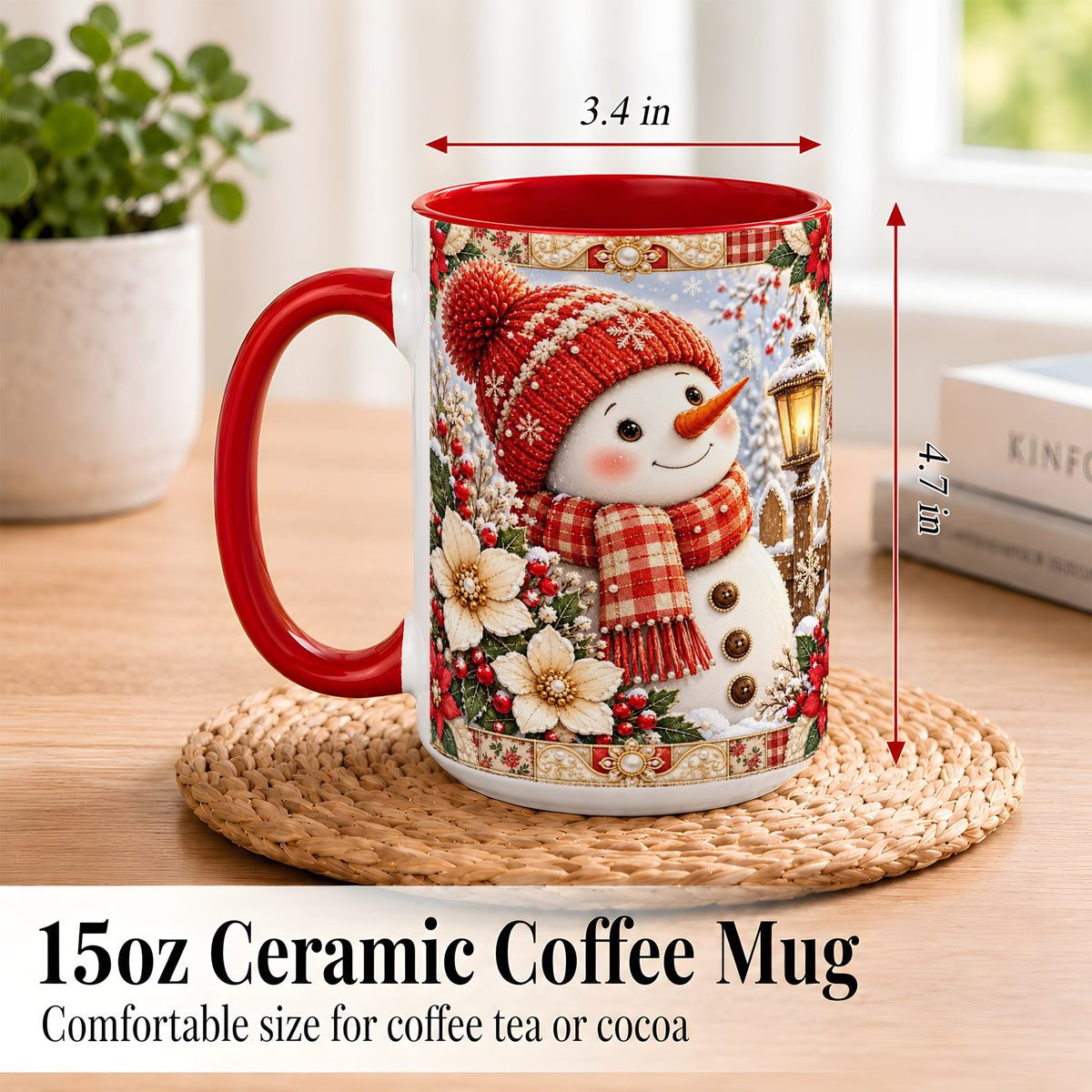 #pl[15oz|Red] Christmas Snowman Coffee Mug, Poinsettia Winter Mug, Ceramic Cup