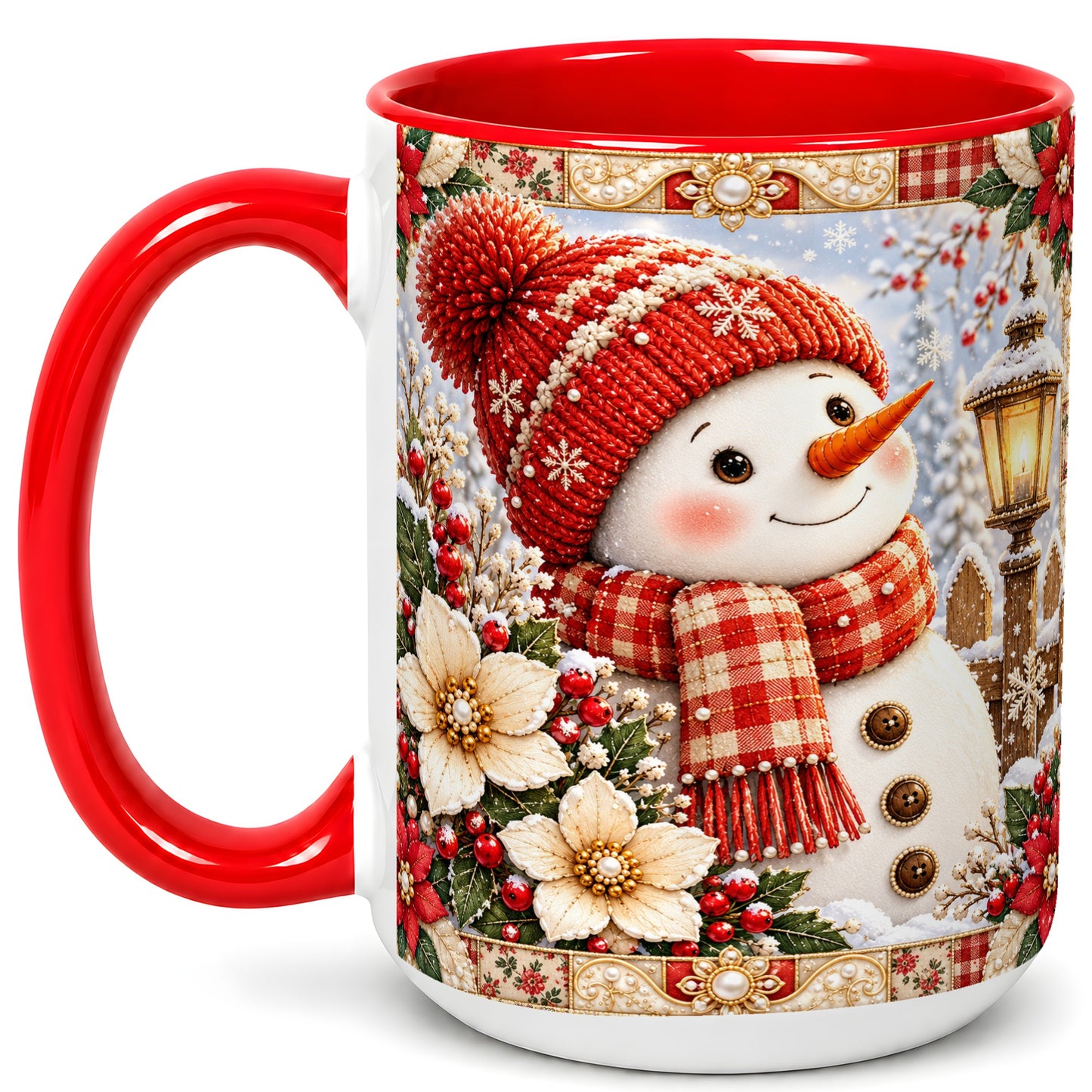 #pl[15oz|Red] Christmas Snowman Coffee Mug, Poinsettia Winter Mug, Ceramic Cup