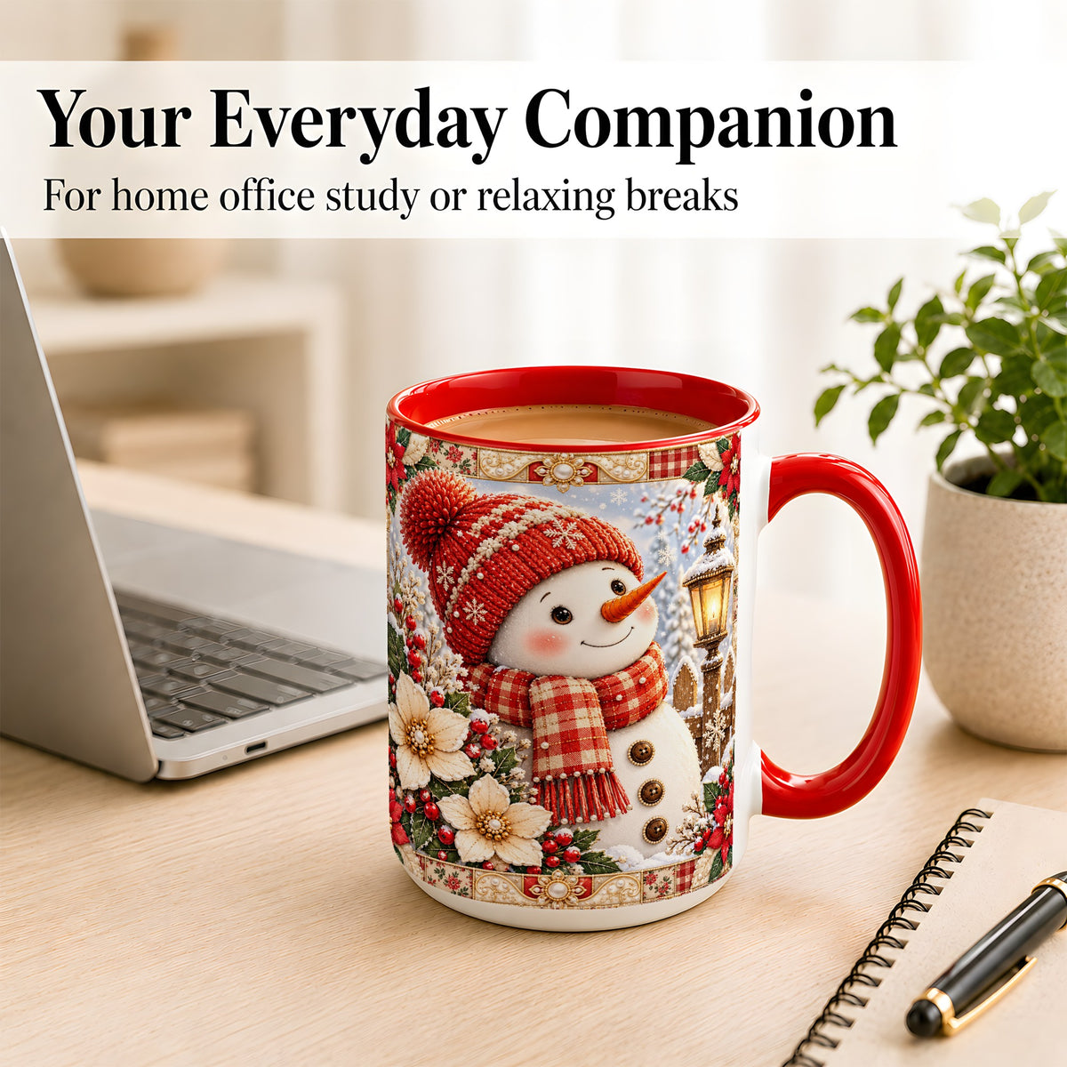 #pl[15oz|Red] Christmas Snowman Coffee Mug, Poinsettia Winter Mug, Ceramic Cup