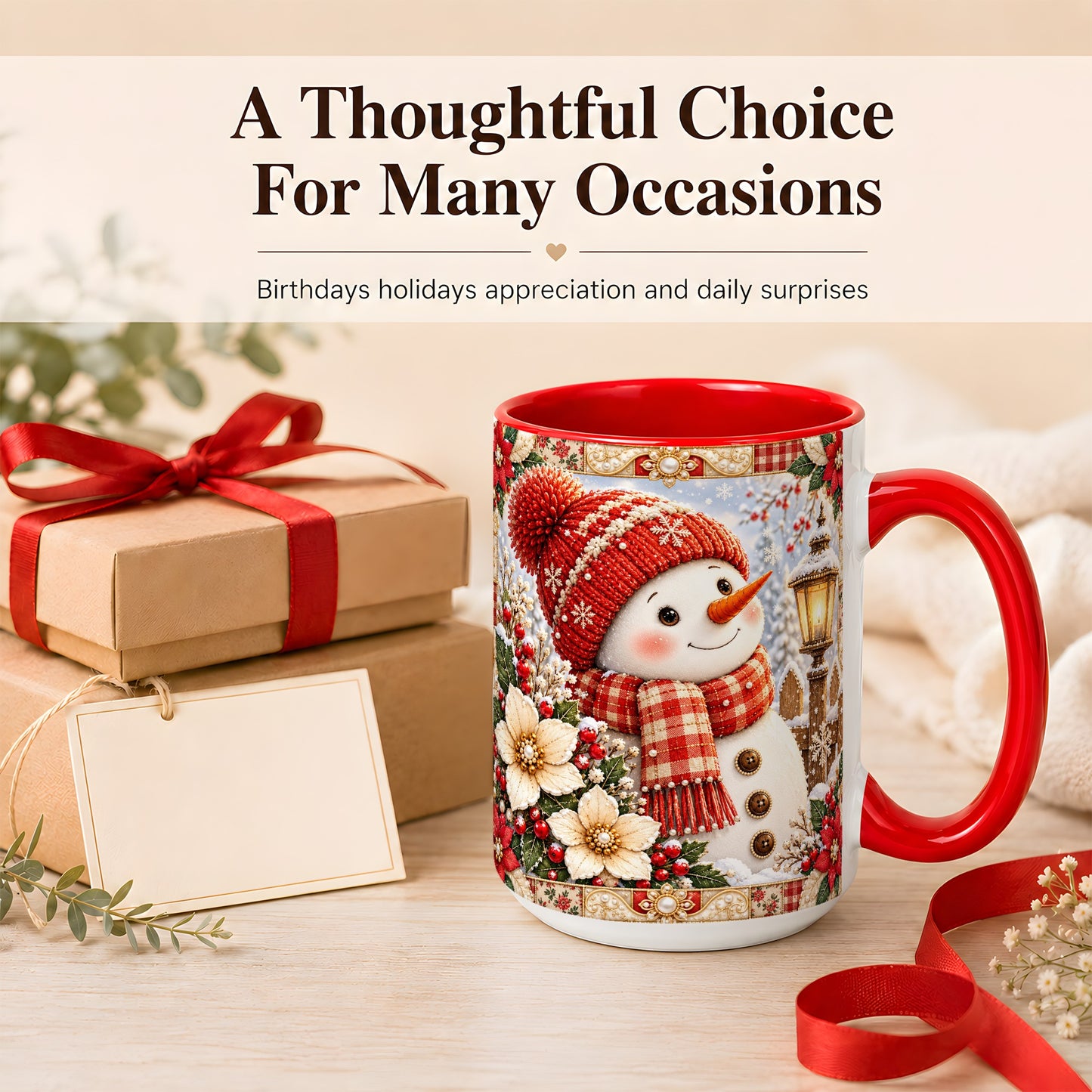 #pl[15oz|Red] Christmas Snowman Coffee Mug, Poinsettia Winter Mug, Ceramic Cup