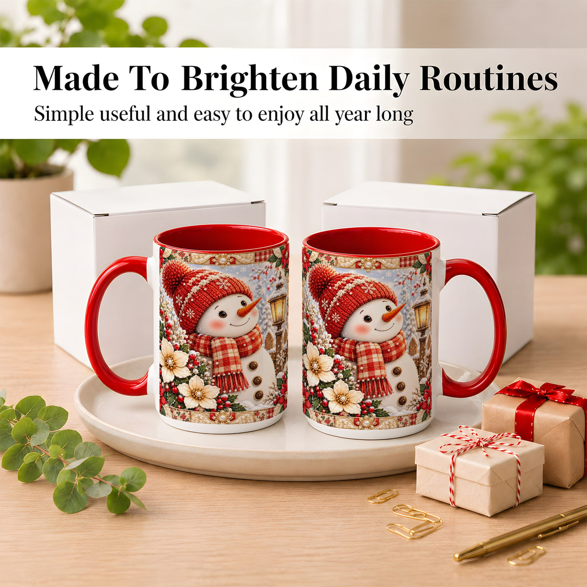 #pl[15oz|Red] Christmas Snowman Coffee Mug, Poinsettia Winter Mug, Ceramic Cup