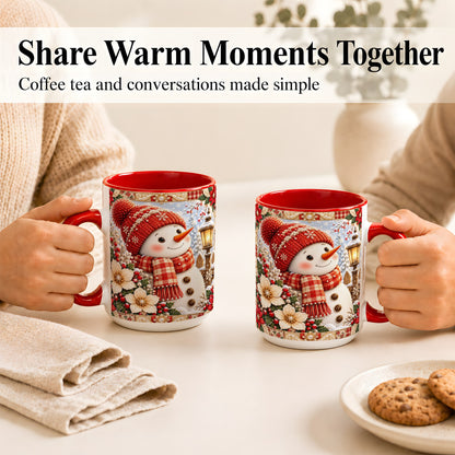 #pl[15oz|Red] Christmas Snowman Coffee Mug, Poinsettia Winter Mug, Ceramic Cup