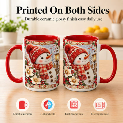 #pl[15oz|Red] Christmas Snowman Coffee Mug, Poinsettia Winter Mug, Ceramic Cup
